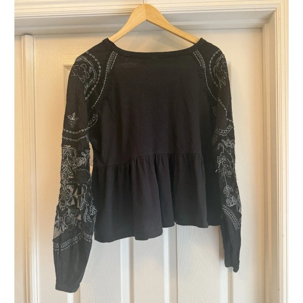 Free People Babydoll Top Wmn Small Black Embroidered Mesh Lace Long Sleeve Boho